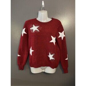 Holiday Time Sweater Womens Medium Red White Star Pullover Sequin Knit Festive